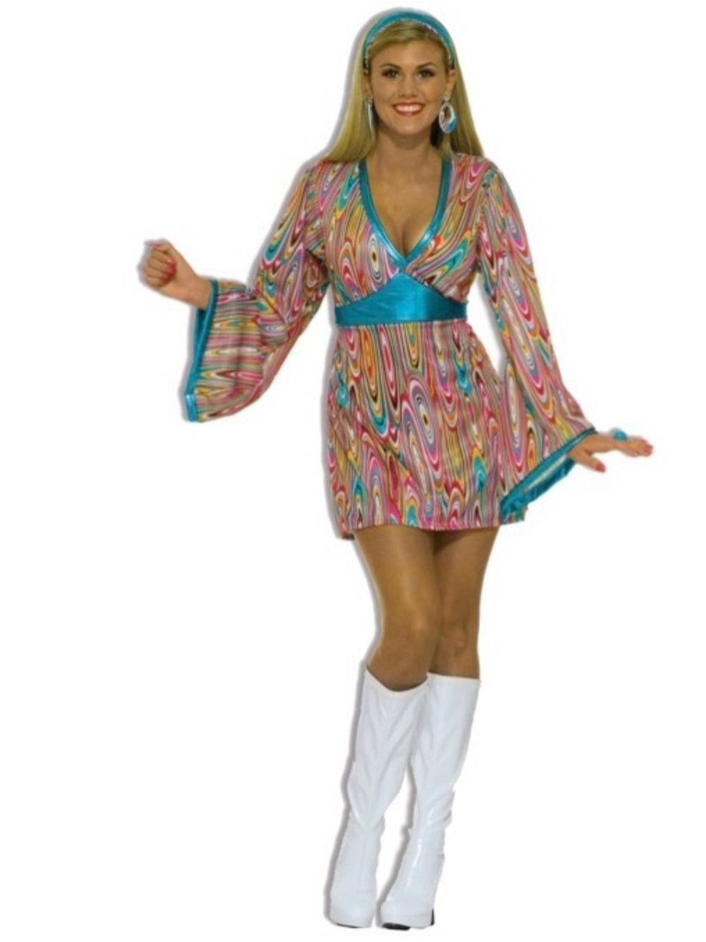 Rubies 60s Mod Wild Swirl Retro V-Neck Mini Dress with Teal Trim